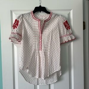NWT Gen Happy boho white short sleeve blouse w/ red embroidery size XS